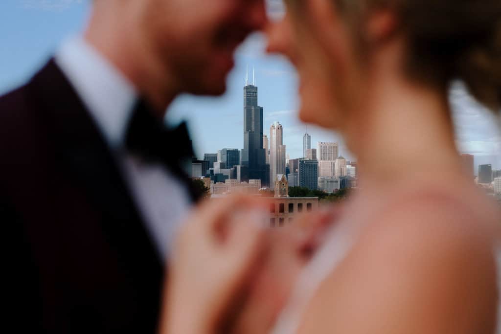 Portrait of bride and groom at Lacuna Lofts wedding venue in Chicago Illinois